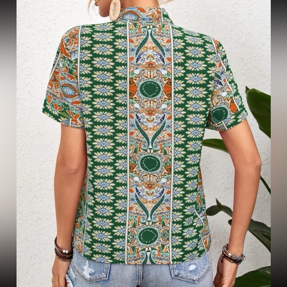 Boho Floral Paisley Print Top Blouse Shirt GREEN - Picture 2 of 5